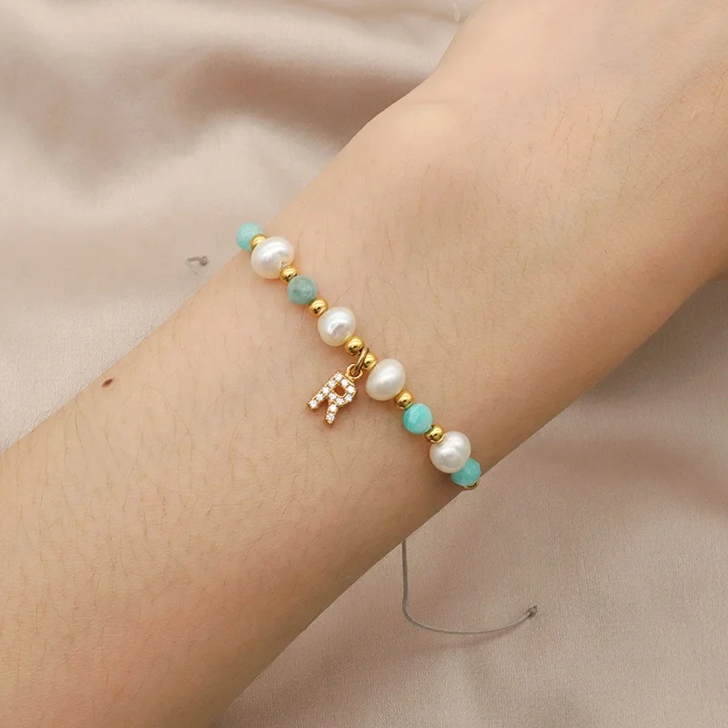 

Handmade fresh water pearl String Bracelet Gold Plated 925 sterling silver letter charm Bead Jewelry stone woven bracelet