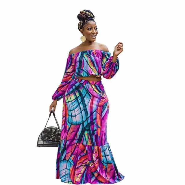 

New Summer Print Off-shoulder Long-sleeved Top Long Skirt Suit, Picture color
