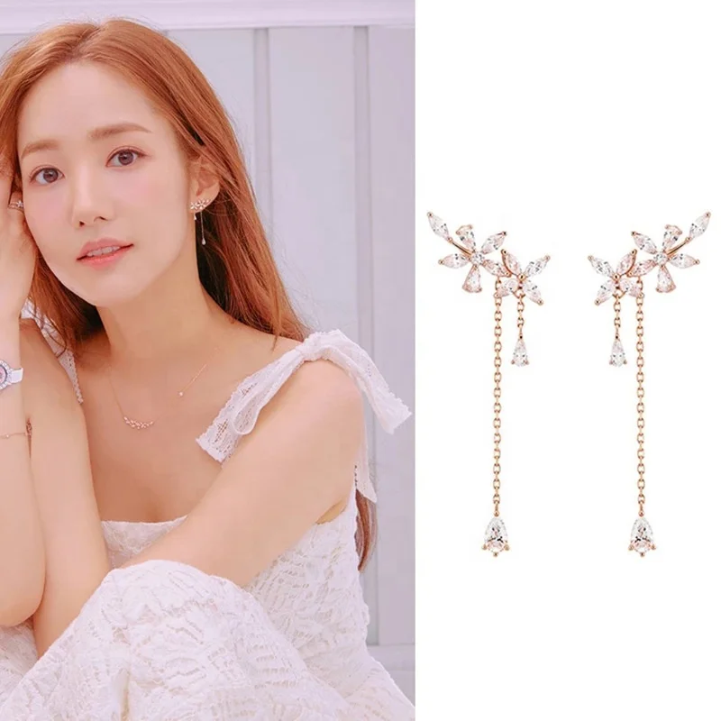 

New Fashion Women Korean Cute Zircon Flower Drop Earrings Elegant Water Drop Long Line Pendientes Earring Jewelry Girls, Gold and silver