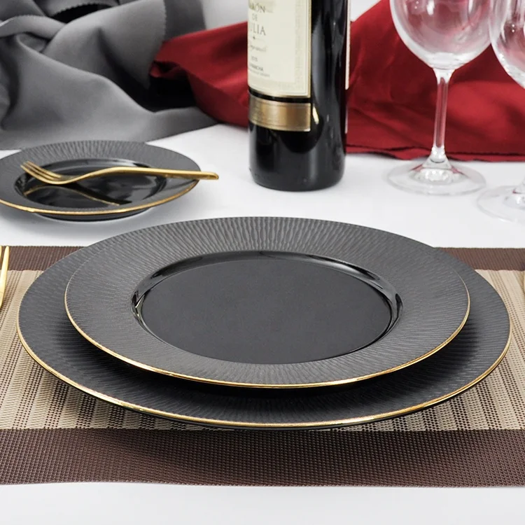 

Matt Claytan Porcelain Tableware Gold Rim Dinner Crockery Dinnerware wholesale ceramic plate moroccan for hotel restaurant, Black