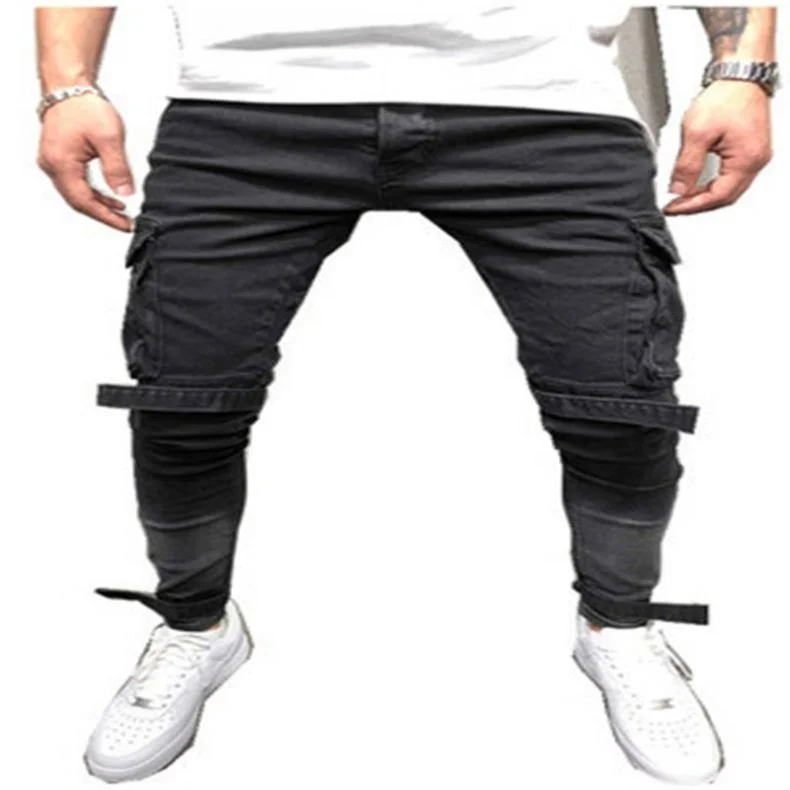 

Voogue New men's Tight casual Fashion Slim denim black big pocket casual beam mouth men's trousers, Customized color