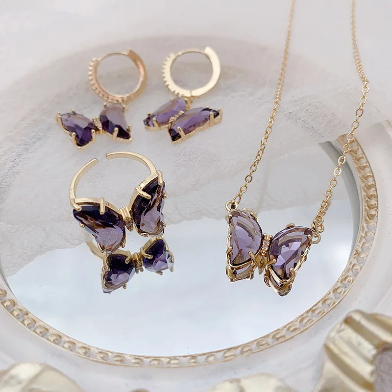 

2022 New Trendy Amethyst Female Butterfly Earring Necklace Ring Three Piece Wholesale Crystal Jewelry Sets, Picture