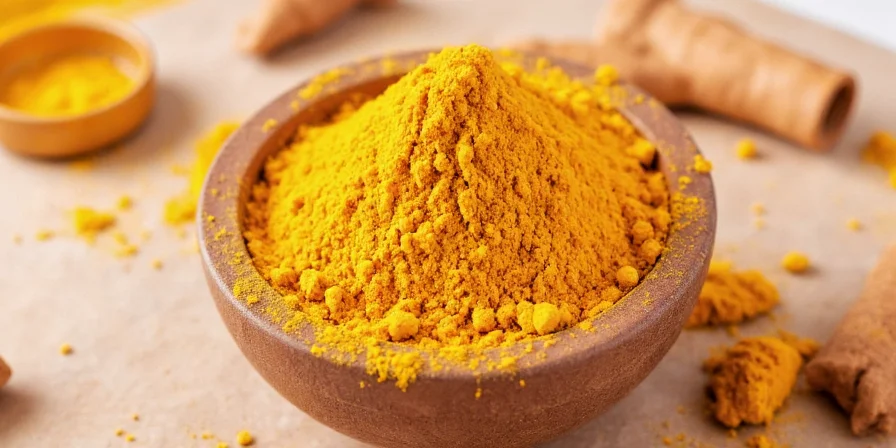 Cup of golden milk with turmeric powder nearby
