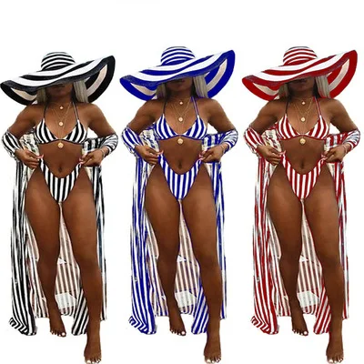 

S1020 Summer tankinis swimwear women sexy striped 3pcs bikini swimsuit, Shown