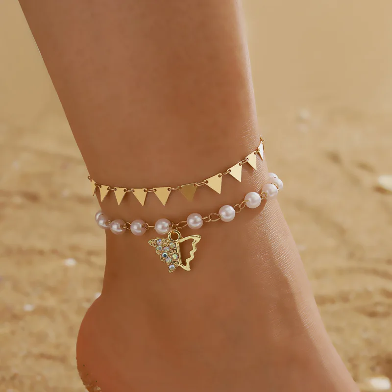 

HOVANCI Best Selling New Product Metal Triangle Charms Tassel Foot Chain Crystal Butterfly Charms Pearl Anklet Bracelet