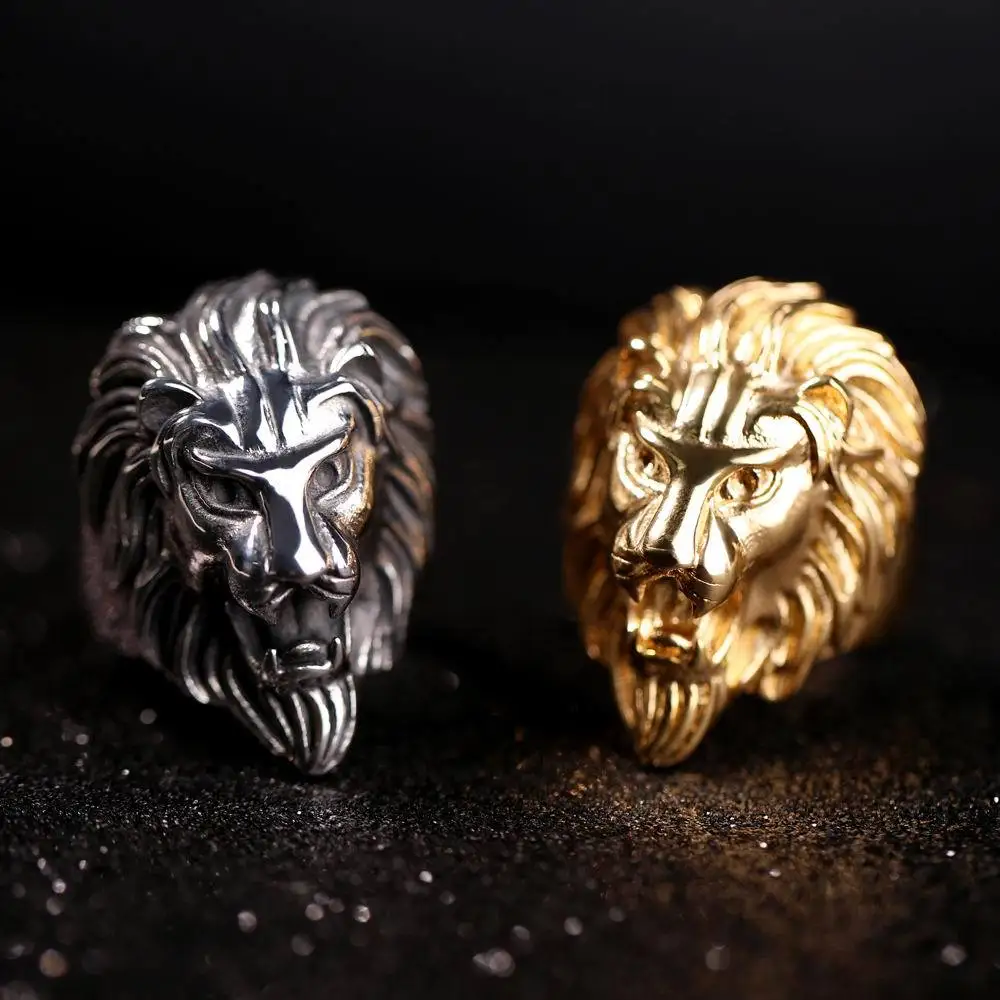 

Custom Mens Retro Vintage Punk Style Jewelry 316L Stainless Steel Casting Rings Gold Lion Head Finger Ring