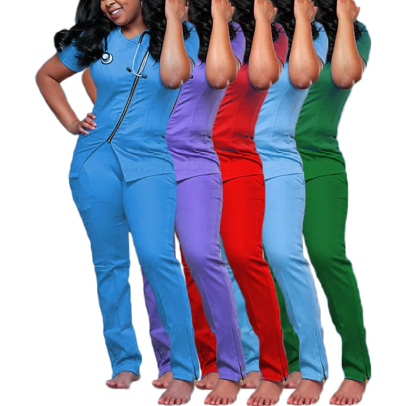 

srubs printed white zipper scrub sets joggers tops medical scrubs medic antiflu women vendor doctor uniform nurse suit, Blue, purple or custom