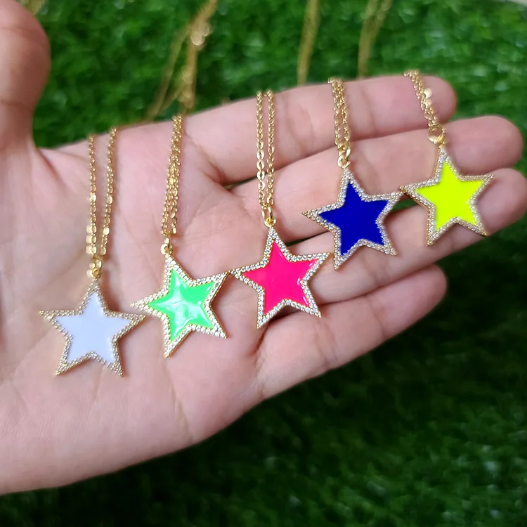 

NZ1242 Chic Dainty Gold Enamel Neon CZ Paved Star Pendant Stainless Steel Chain Necklace for Ladies Women