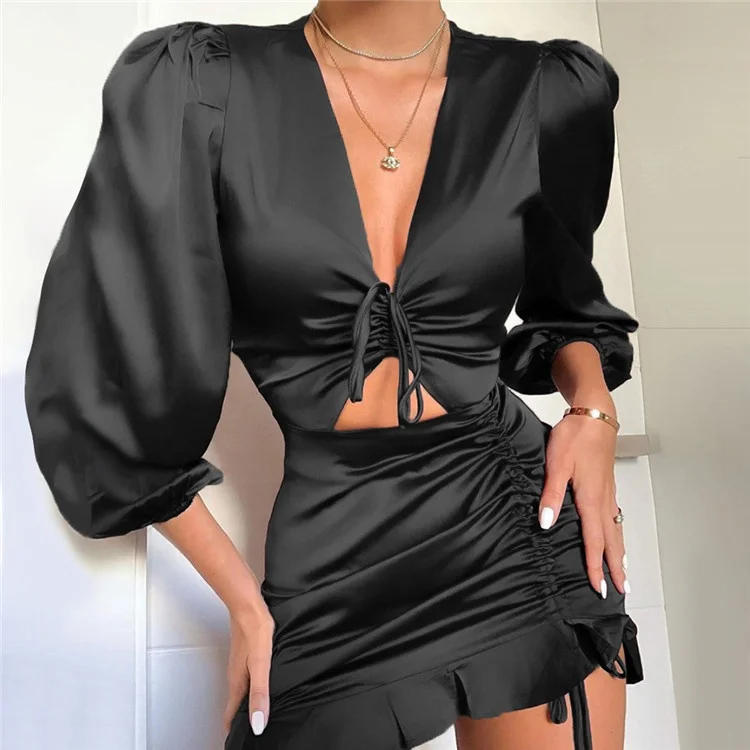 

Black Long Lantern Sleeve V Neck Ruffles Bandage Satin Dress Ladies Evening Beach Party Dresses, White, black