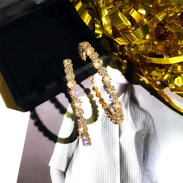 

ADELANTE New Fashion 925 Silver Needle Exaggerated Super Large Rhinestone Ring Earrings