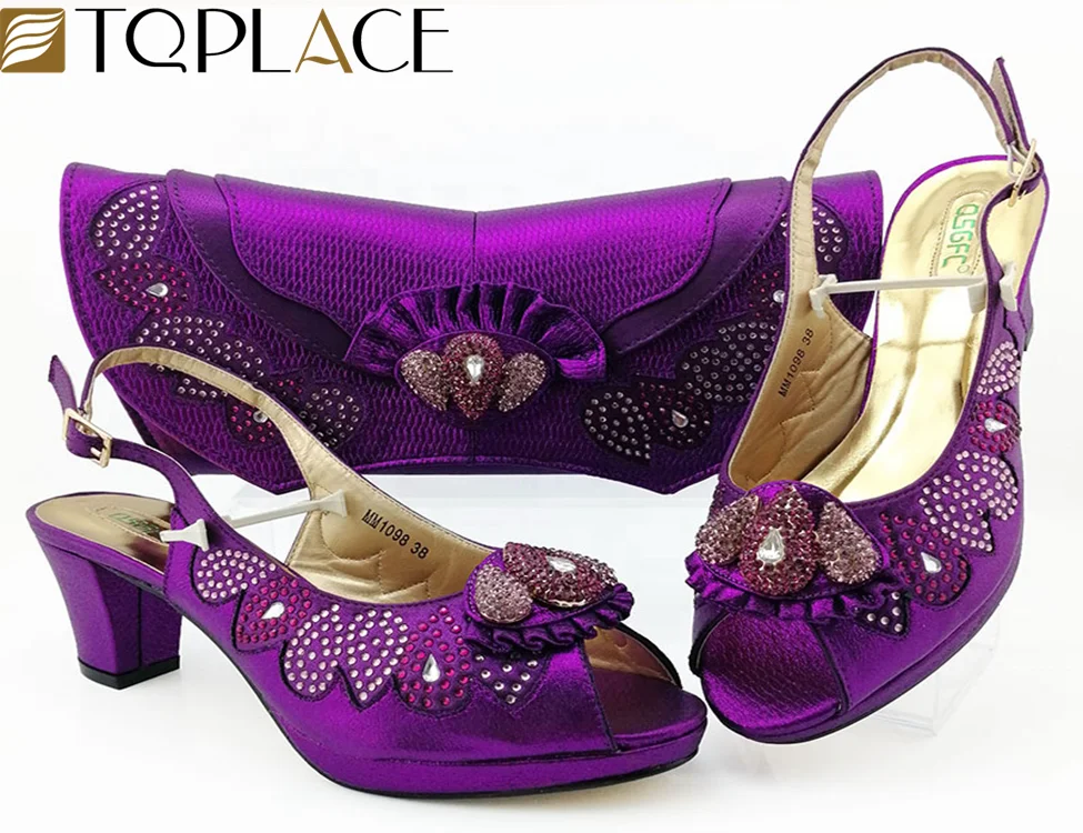 

Purple Shoe and Bag Set Decorated with Rhinestone African Women Matching Italian Shoe and Bag Set For Party, Blue,dark green,gold,peach,purple,silver,wine