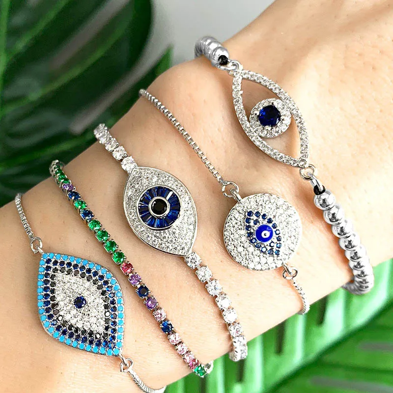 

Stock !mexico style hamsa devil eyes round bead bracelet CZ rainbow tennis bracelet colorful bangles jewelry, Mix color
