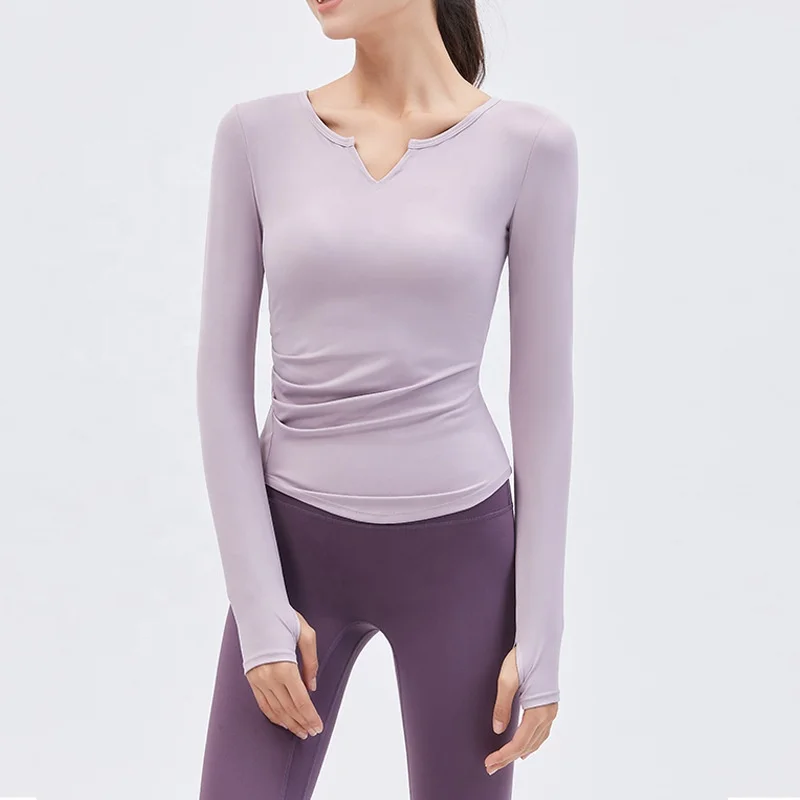 

2022 Long Sleeve Skinny Tops V-neck Quick Dry Breast Pad Elegant Women Fitness Slim Fit Shirt Yoga Wear With Thumb Hole