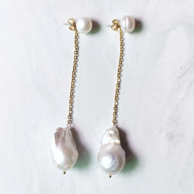 Creative Design Baroque Freshwater Pearl Drop Earrings Gold Stainless Steel Chain Length Pendant Jewelry