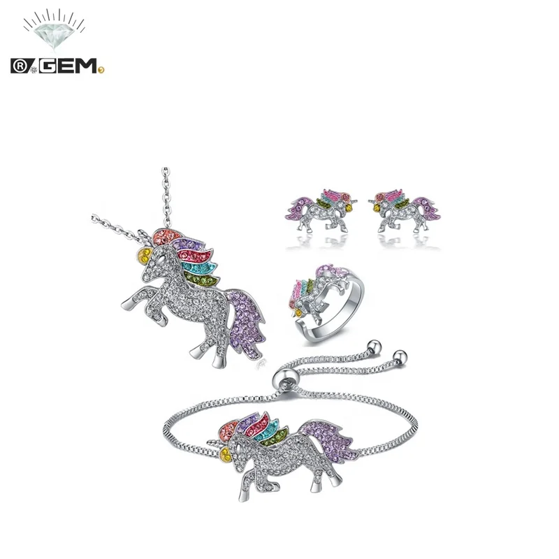 

R.Gem. Rainbow Unicorn Necklace Bracelet Earring Ring Fashion Jewelry Set for Girls, Gold or silver