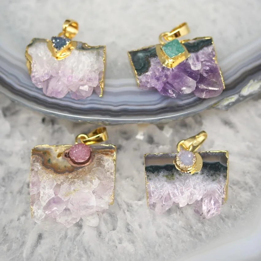 

AM-YGH446 Fashion Charms Jewelry Natural Crystal Amethyst Stone Pendant with Tiny Turquoise Paved, As picture