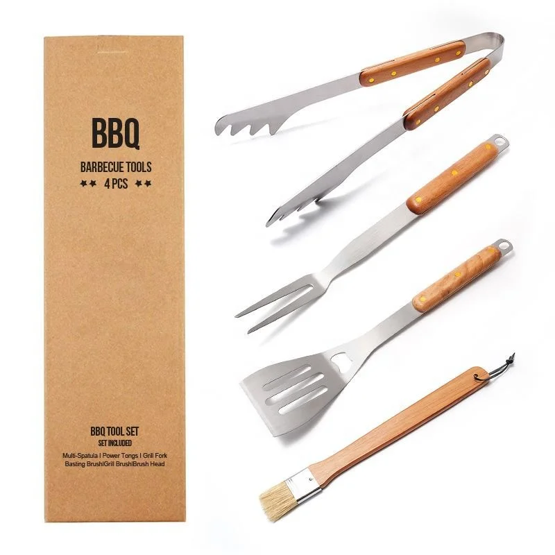 

Heavy Duty Stainless Steel Multi Function Spatula Fork Tongs And Brush Wooden Handle BBQ Grilling Tools Set