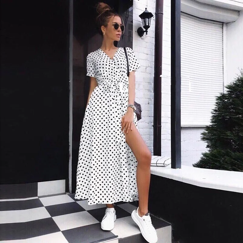 

Bohemian Polka Dot Women Sashes V-Neck Dress Short Sleeve A-Line Ankle-Length Dress 2020 New Summer Dress, ,white