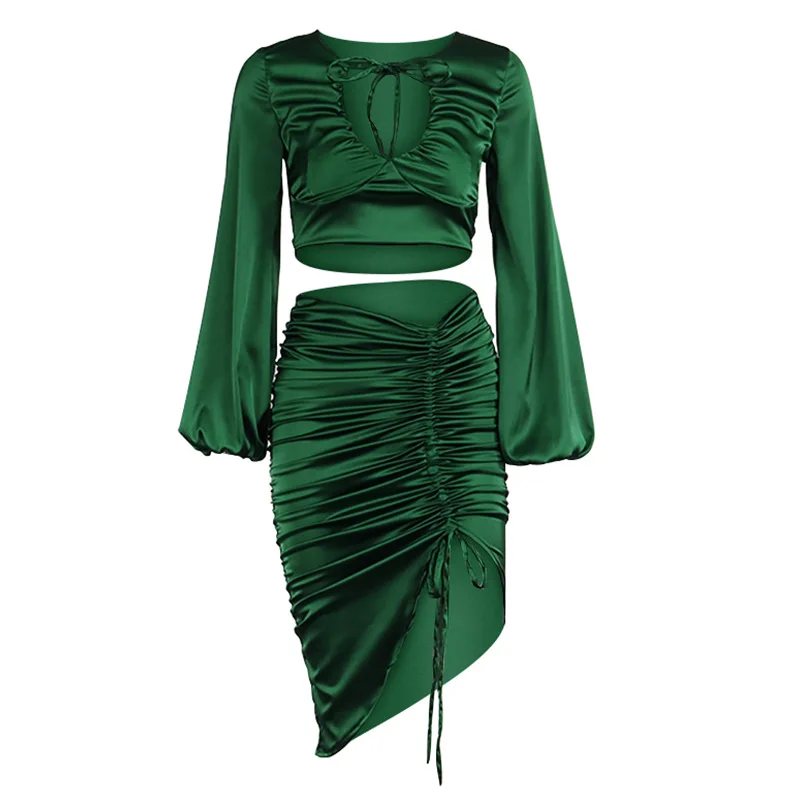 

Night Club Party Street Ladies Sexy Set Green V-neck Lantern Sleeve Navel Pleated Slit Lace-up Skirt Women Two Piece Sets