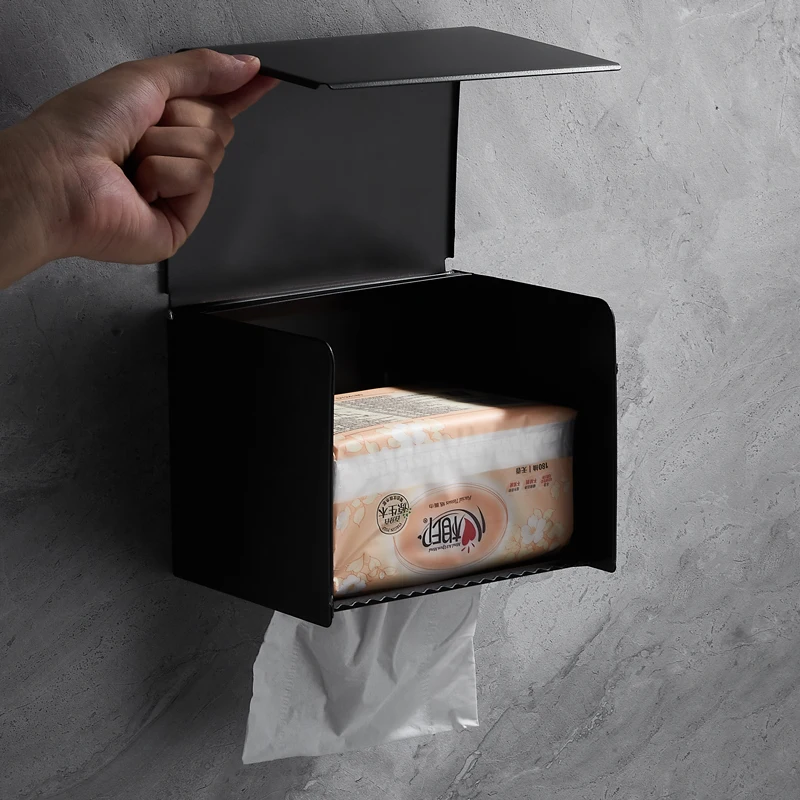 
Black Stainless Steel Premium Wall-Mounted Tissue Box Holder Waterproof Bathroom Paper Holder Multifunctional Tissue Box 