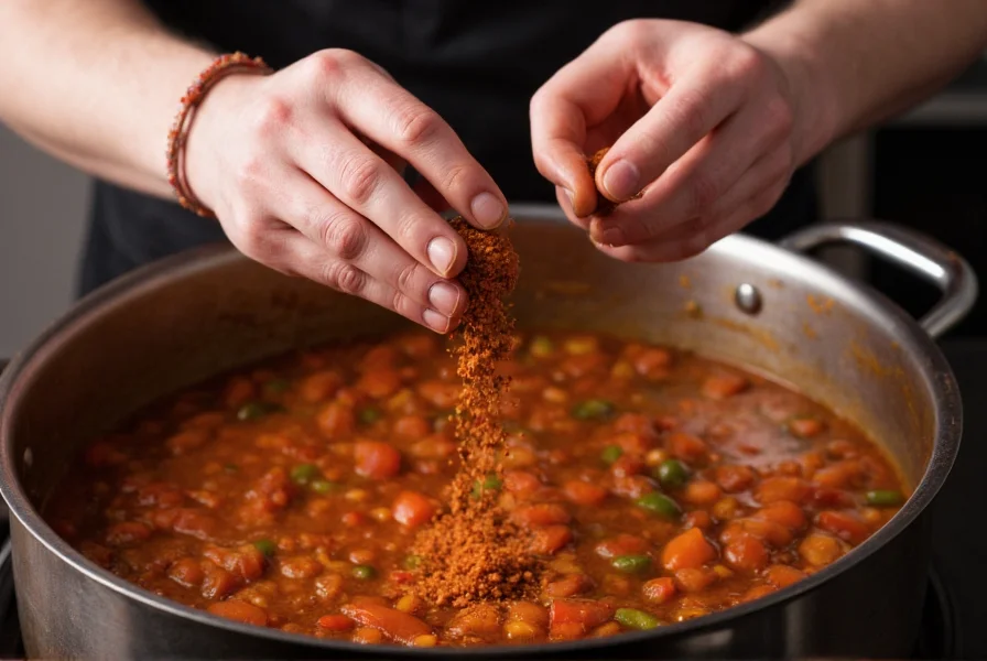 Chef's hands sprinkling ground chipotle pepper into a simmering pot of chili with vegetables visible