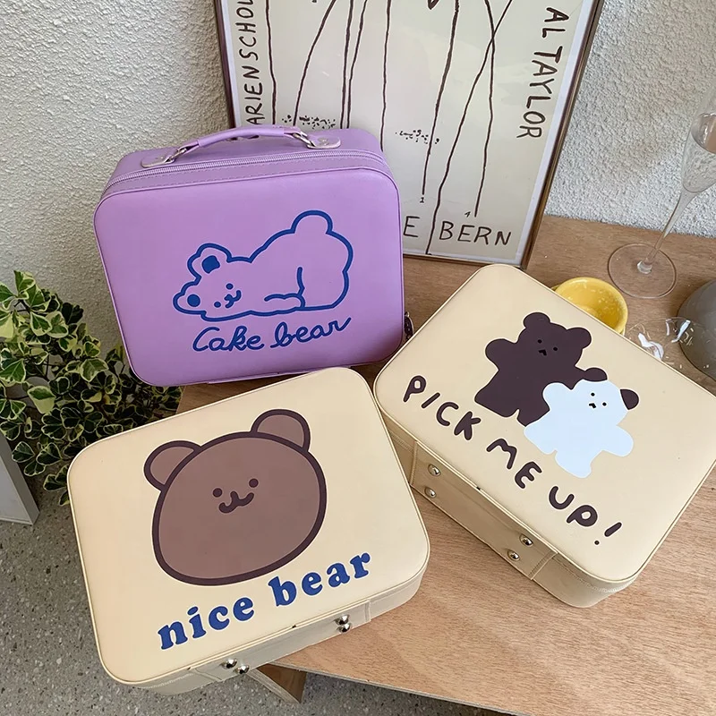 

Korean Popular Bear Cosmetic Case Makeup Bag PU Leather Makeup Box Travel Portable Storage Box Travel Carrying Opp Bag Zipper