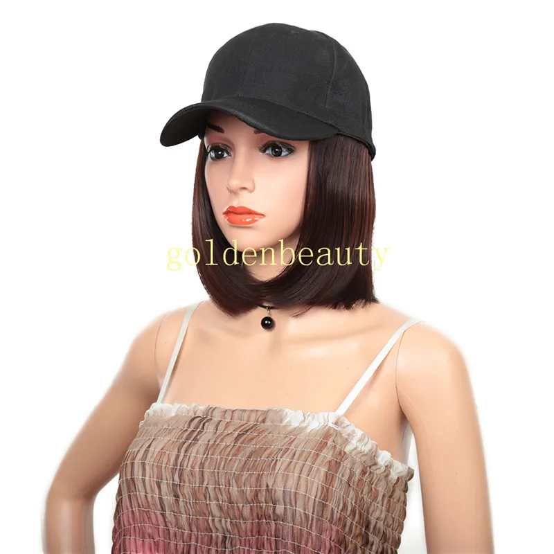 

Bob style short Hat wigs with Synthetic Hair Extension straight hair All-in-one Female Hat Cap Wig, Black, black brown, light brown, dark brown