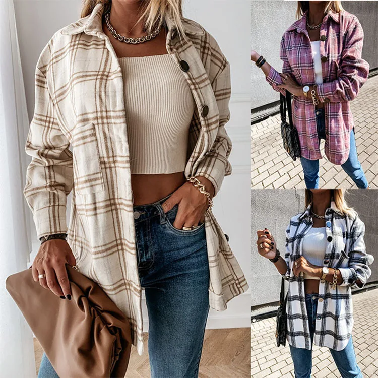 

Chaqueta De Mujer Autumn Winter Loose Casual Retro Plaid Single Button Long Sleeved Jacket Women Coat