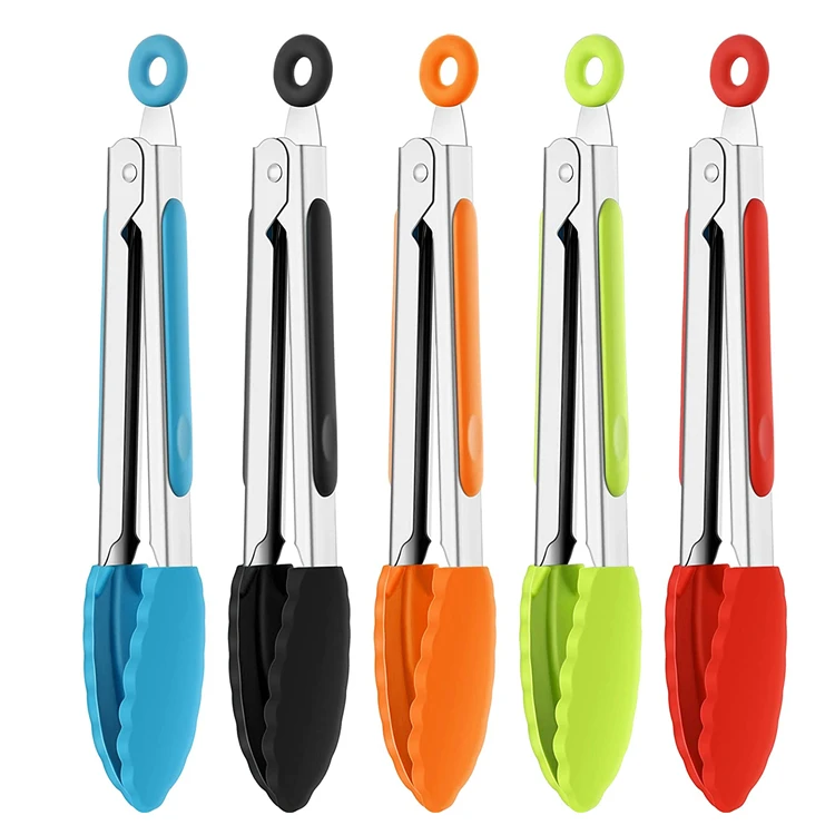 

Hot Sale 7 Inch Cooking Silicone Serving Barbecue Grill Bbq Grilling Food Stainless Steel Kitchen Tongs, Green,blue,orange,black and red