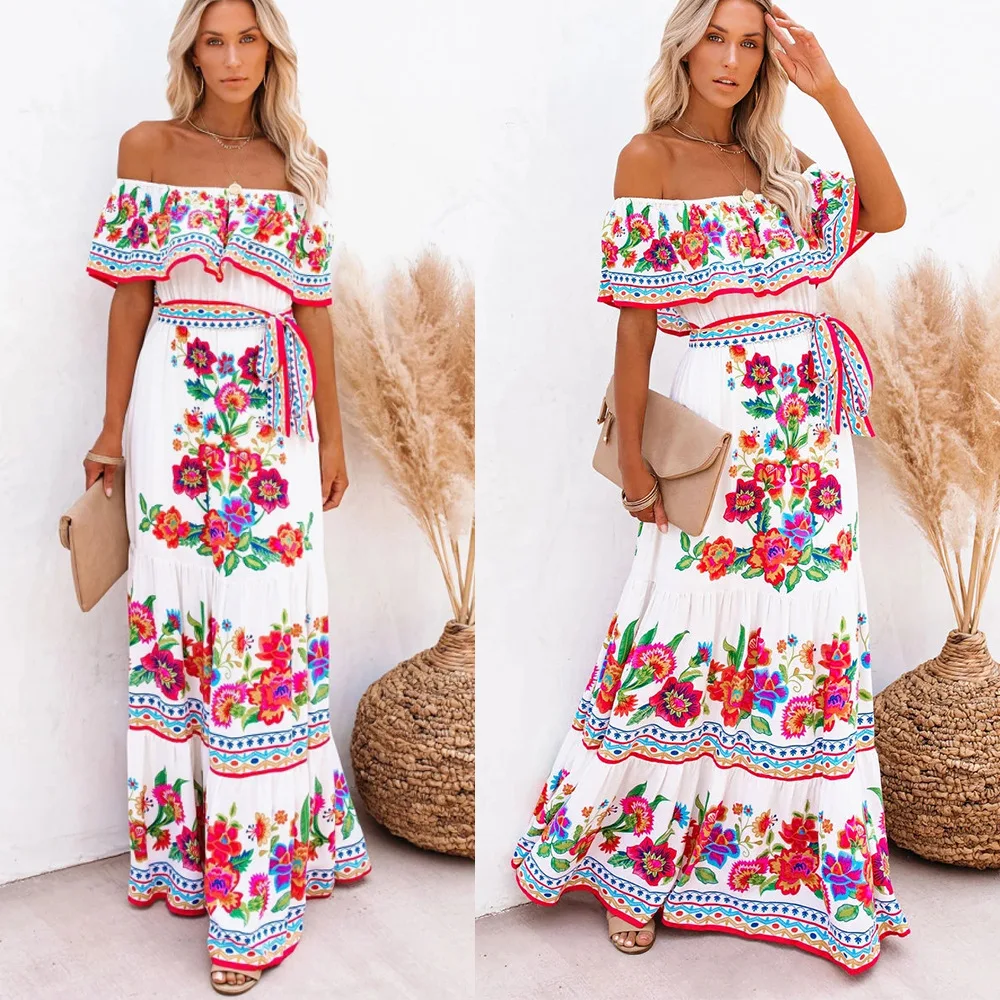 

2021 new women's tie-dye stitching dress positioning printing sexy off shoulder big swing dress, As picture