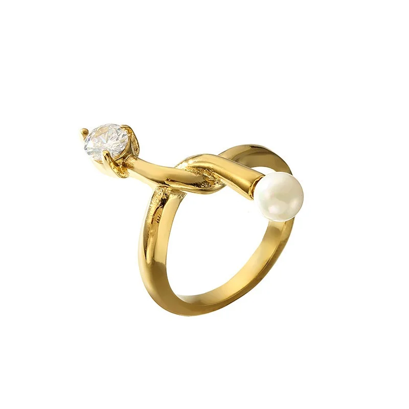 

Trendy Women Stainless Steel Ring With Zircon And Artificial Pearl