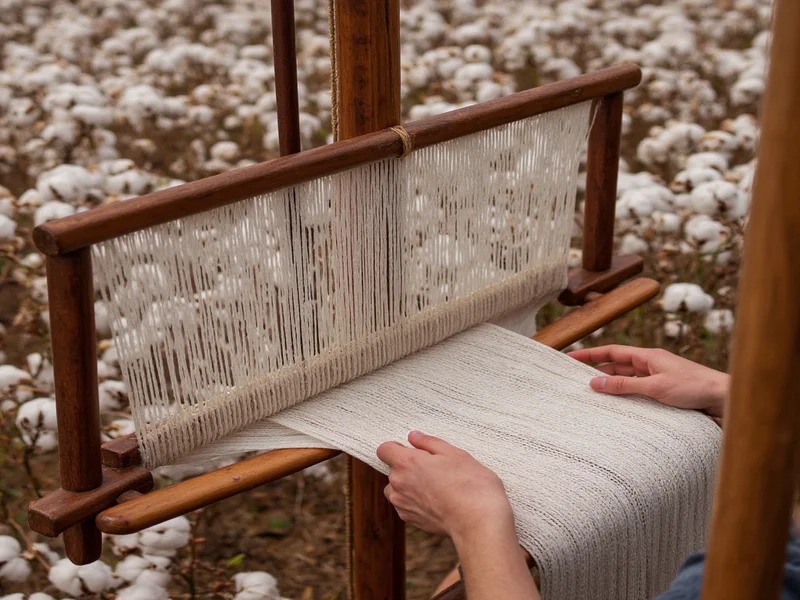 Hands weaving fabric on loom using farm-grown cotton