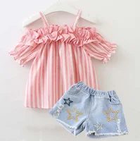 

Ivy40004A 2020 children clothes summer girls' clothing sets off shoulder ruffle tops with denim shorts outfits