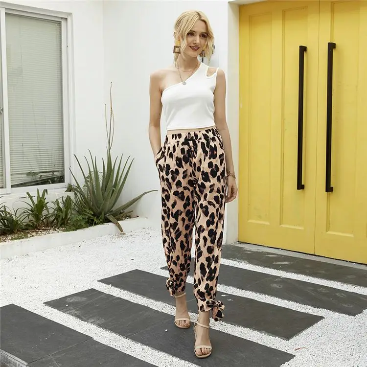 

2021 New Arrivals Leopard-print Side Slit Women Pants Leggings Wide LegTrousers For Women