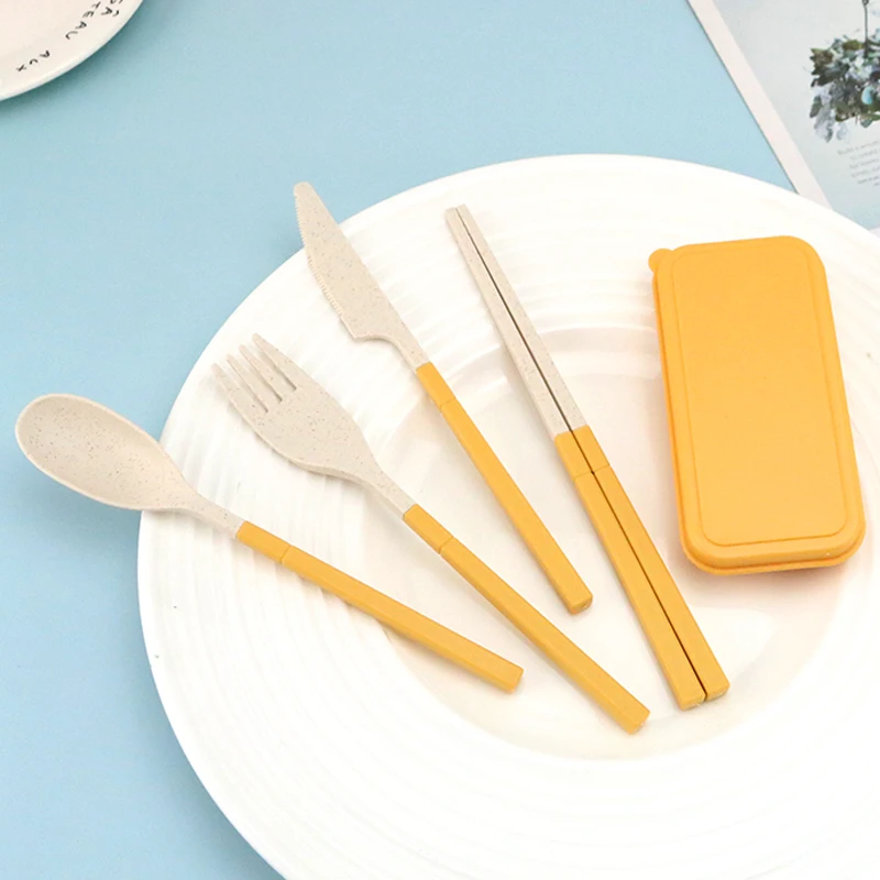 

Amazon hot selling travel cutlery portable detachable folding chopsticks knife fork and spoon set wheat straw cutlery for kid, Blue/green/yellow/orange/custom color