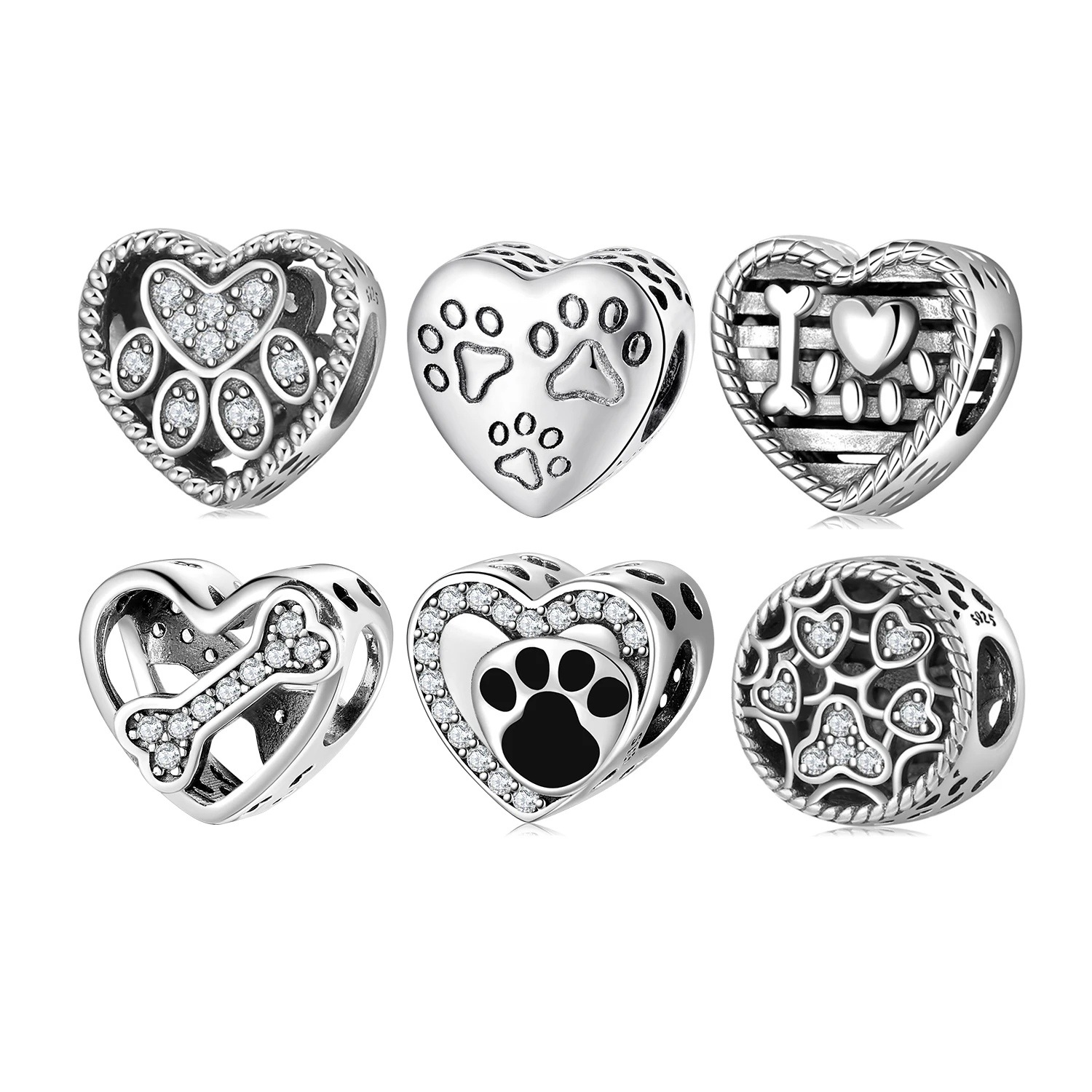 Real 925 Sterling Silver Cartoon Character Dog Beads with clear Zircon Charms for Bracelets Fashion Jewelry Wholesale