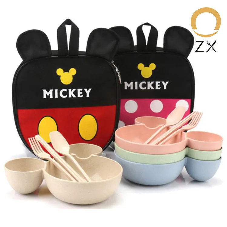 

2020 Amazon Top Seller Kid Mickey Bowl Customized Children Dish Cup Fork Spoon Wheat Straws Tableware Sets