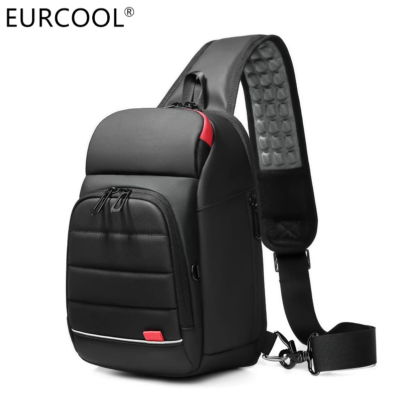 

2021 Eurcool Outdoor Short Trip Leather Men Crossbody Waterproof Chest Sling Bag With USB Charging Port