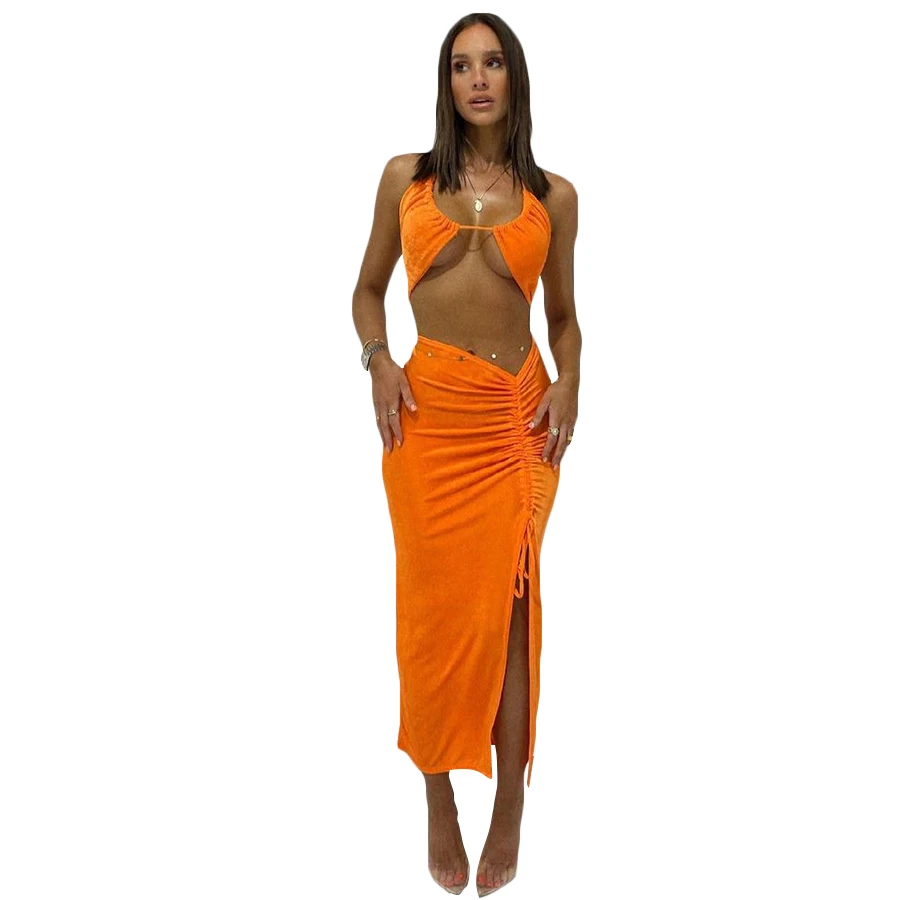 

2021 Summer Halter Crop Top Drawstring Long Skirt 2 Pieces Sets Party Clubwear Women Clothing