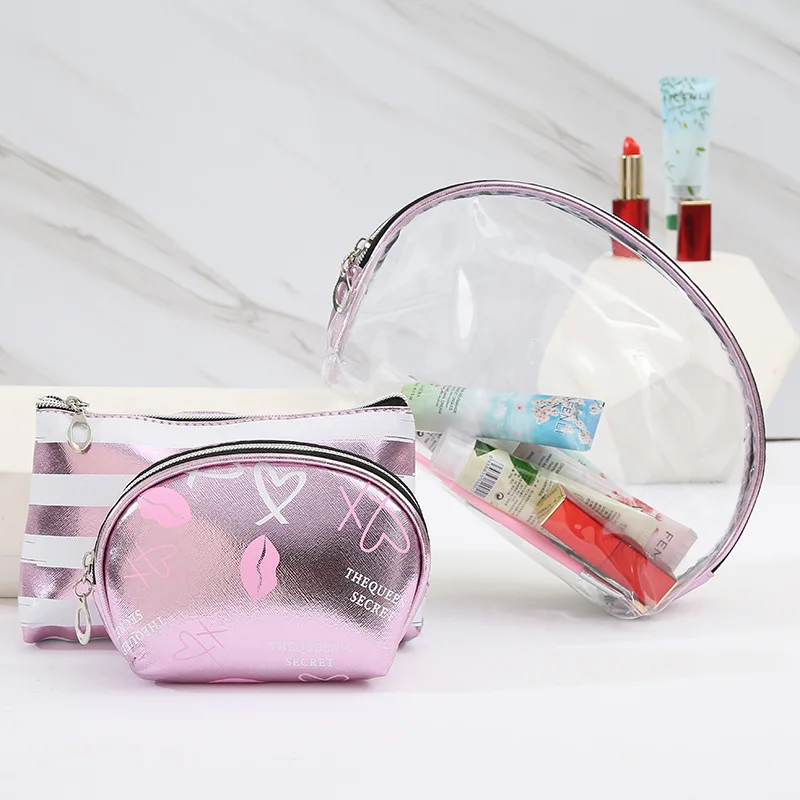 

wholesale zipper closure 3 piece per set PVC lay and go cosmetic bag, Silver/gold/red/pink