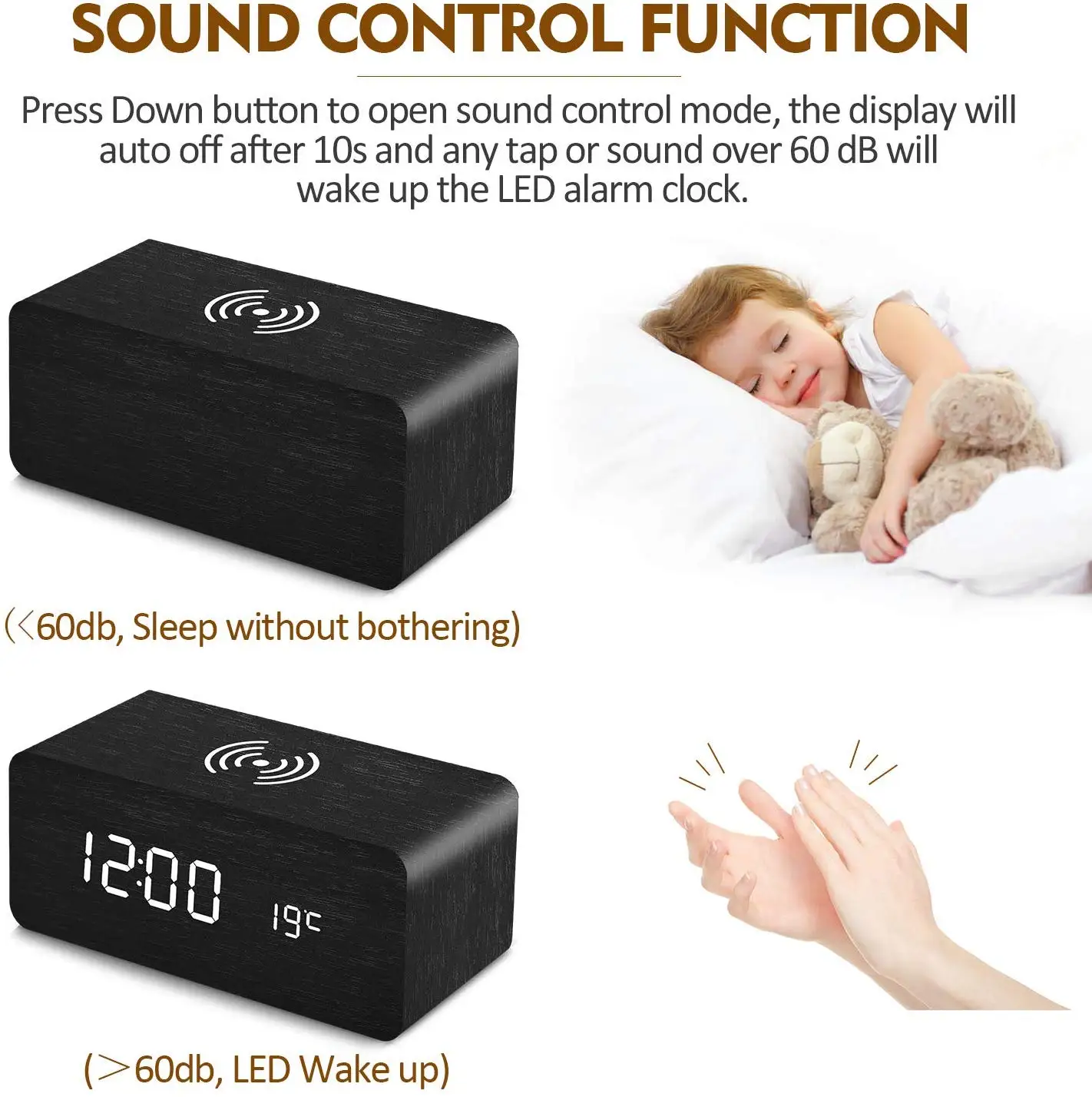 
Qi Fast Digital Led Alarm Clock Wooden Wireless Charger 