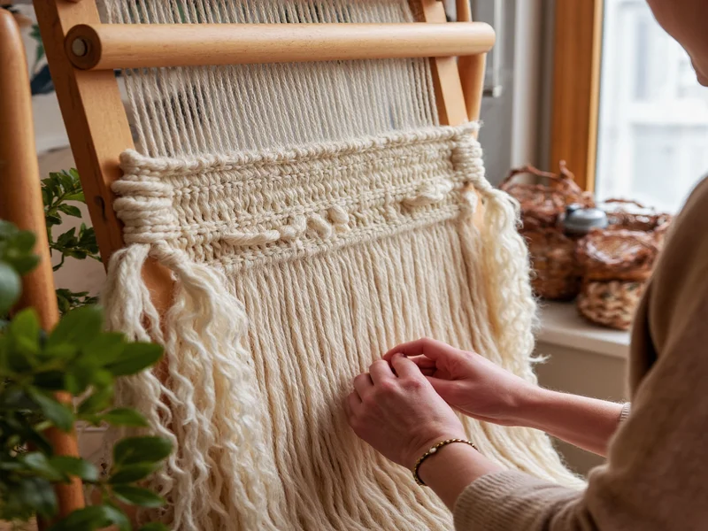 Hands weaving natural fiber wall hanging on wooden loom