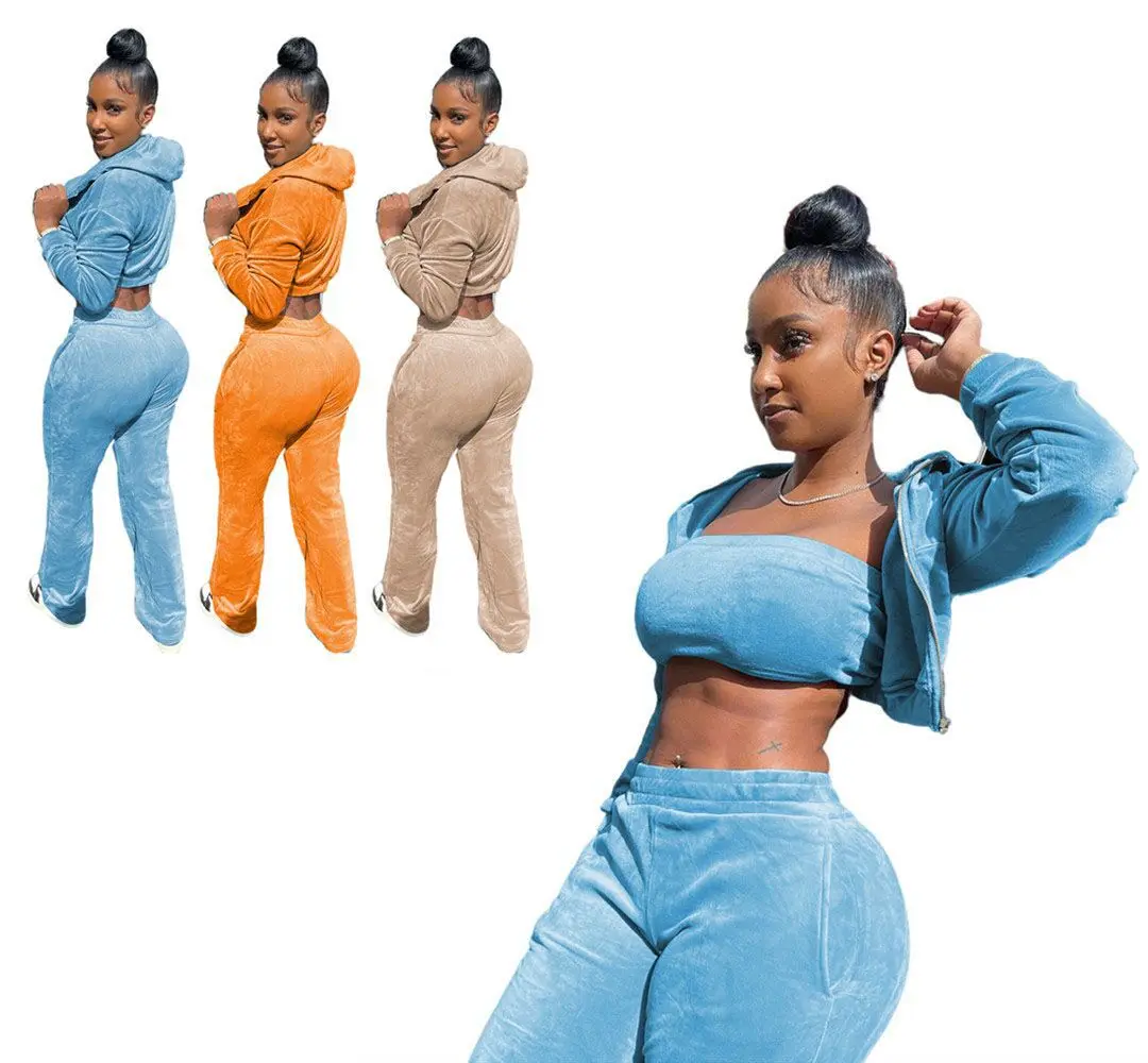 

Custom 2021 Crop Hooded 2 Piece Pants Jogger Set Coats Jackets Fall Sexy Velvet Velour Tracksuits Two Piece Pant Sweatsuit Sets, Picture color