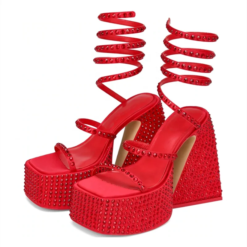 

Ankle Strap Studs Diamonds Ornament Fashion Sandals Shoes for Ladies Spring Summer Outdoor Heels Shoes 45 Square Toe Platform, Black red