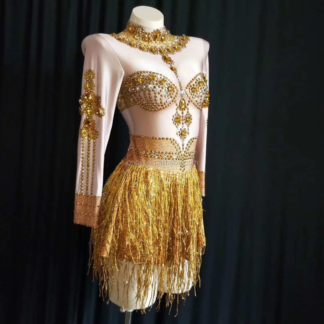 Classic Noble Style Rhinestone Gold Color Long Sleeve Dance Costume ...