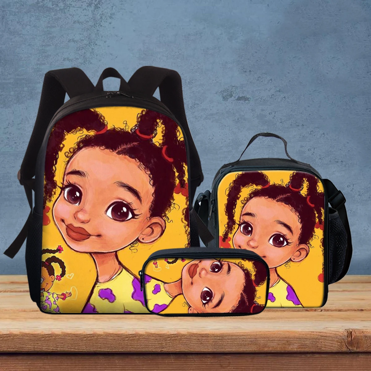 

Cute Cartoon Children School Bookbags 3 in 1 Black Art Afro Girls Printing Custom Logo School Backpack Lunch Bags Casual Packs, Customized color, printable