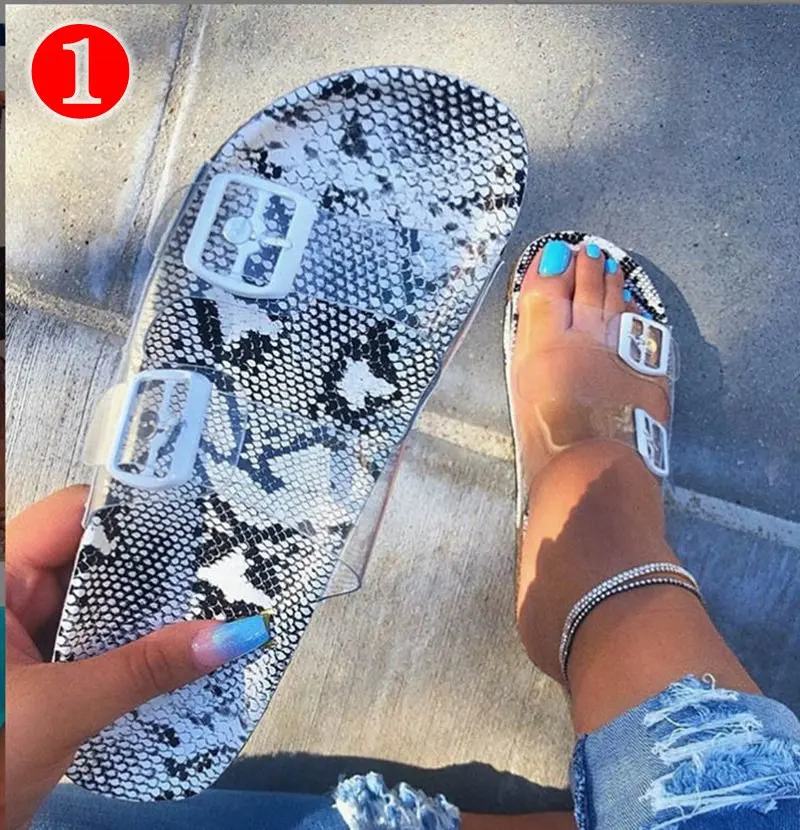 

Woman Snake Slippers Pin Buckle Sandals Transparent Belt Female flat Bottom flip flops Outdoor Shoes women's Beach Sandals