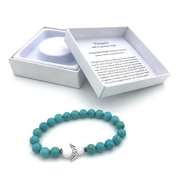 

Gemstone bracelet with beaded guardian angel packaged in giftbox and property descriptionise Turquoise