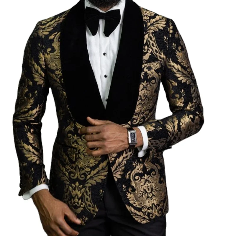 

Costume Homme Fashion 2 Piece Black Floral Jacquard Prom Men Suits Slim fit with Velvet Shawl Lapel Wedding Groom Tuxedo Blazer, Custom made