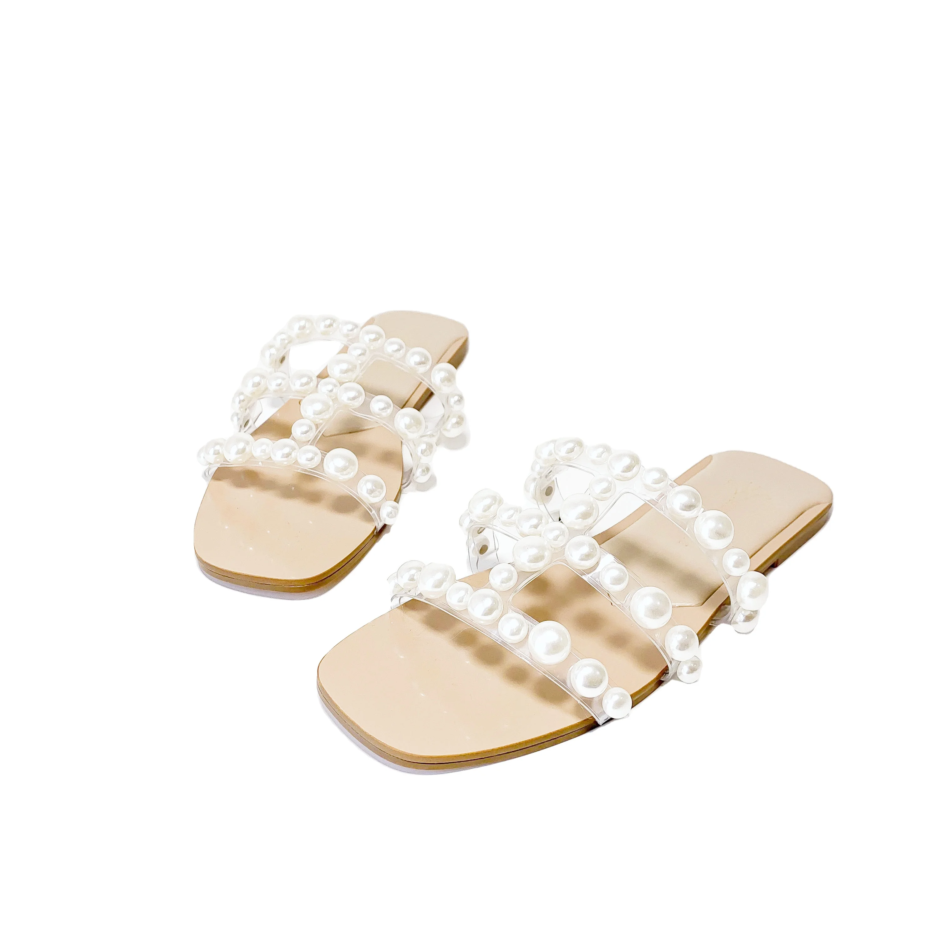 

2021 new wholesale womens shoes summer Pearl Beach slippers European and American transparent flat bottomed open toe sandals